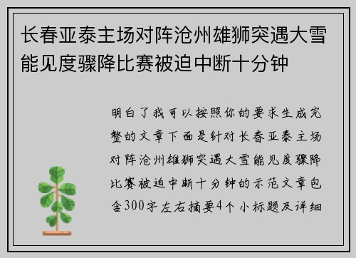 长春亚泰主场对阵沧州雄狮突遇大雪能见度骤降比赛被迫中断十分钟